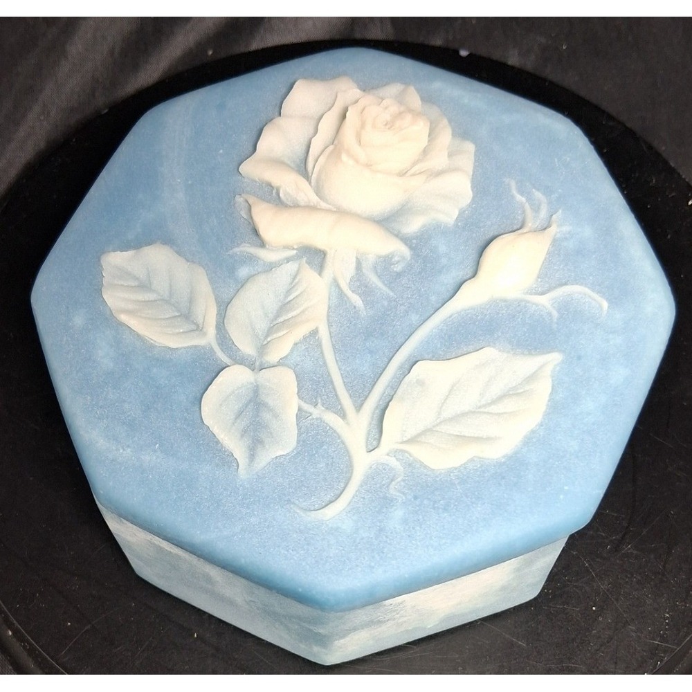 Design Gifts International 1974 Blue Marbled Rose Trinket Box Octagon Vintage